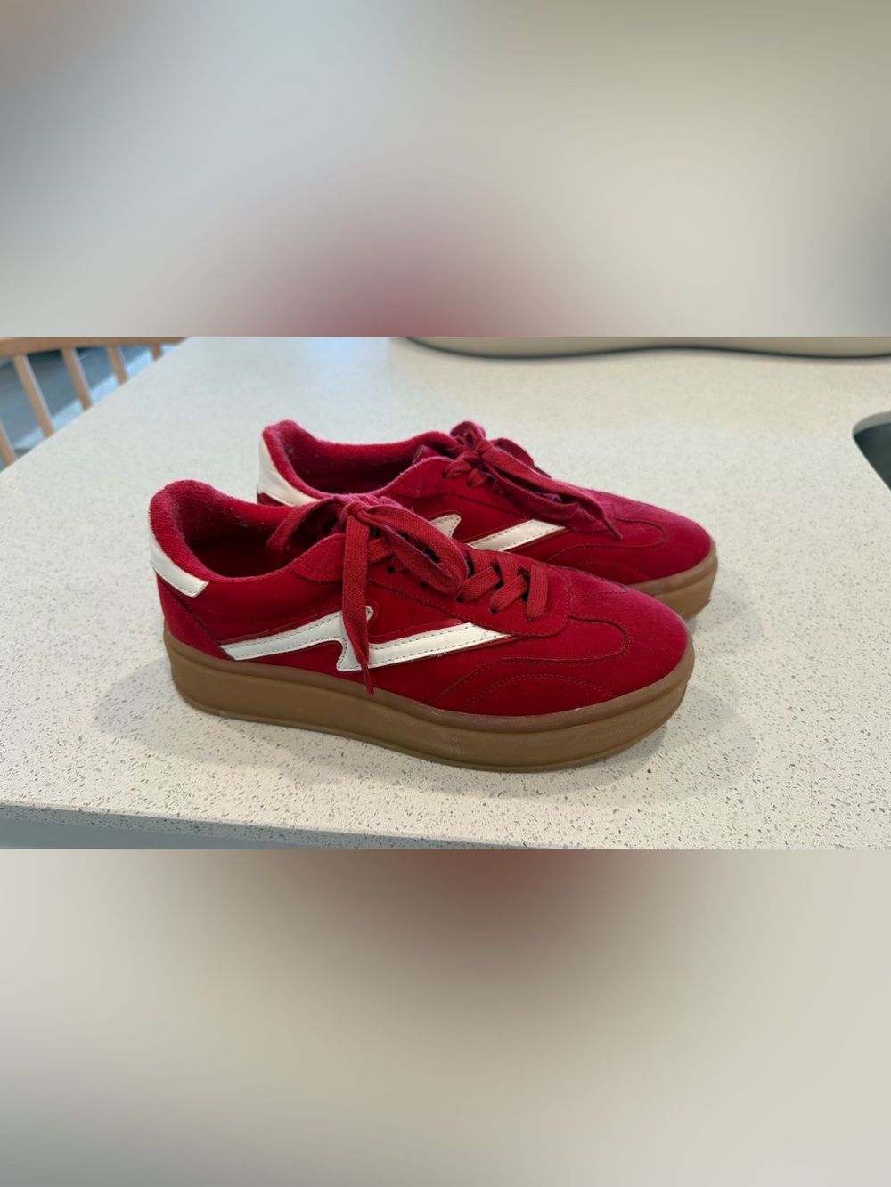Red Suede Platform Sneakers with White Stripe and Gum Sole